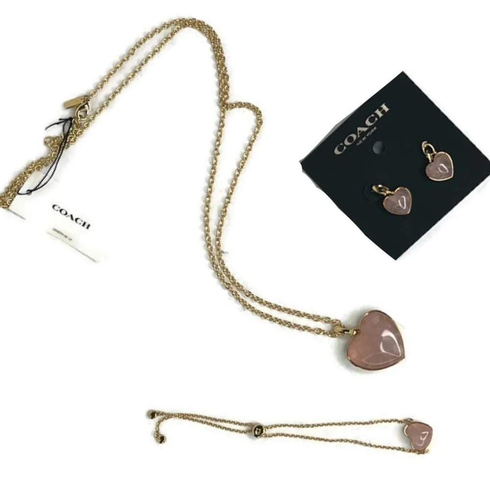 Coach Heart Carved Pink Quartz Necklace Earring and Bracelet Set - Picture 3 of 16